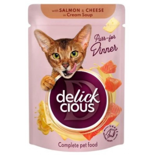 DELICKCIOUS "Смужки з лососем та сиром в крем супі" Повнораціонний консервований корм для дорослих котів