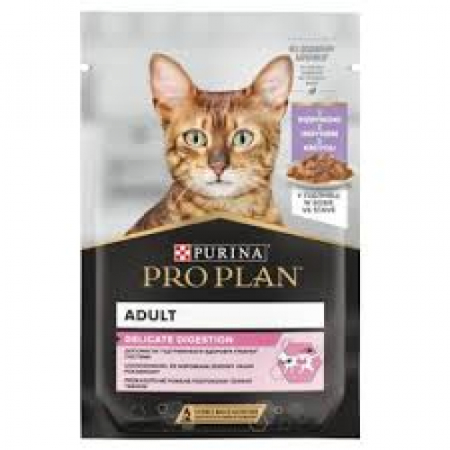 PURINA PRO PLAN DELICATE NUTRISAVOUR (Пурина Про План Делікет Нутрісейвор). Консервований порційний повнораціонний корм для дорослих кішок з чутливою системою травлення. З індичкою. Шматочки в підливі