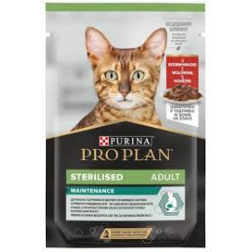 PURINA PRO PLAN STERILISED NUTRISAVOUR з ЯЛОВИЧИНОЮ. Консервований порційний повнораціонний корм для кастрованих котів / стерилізованих кішок. З яловичиною. Шматочки в підливі