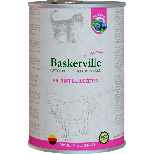 Вологий корм для котів Baskerville Super Premium Kalb Mit Blaubeeren Телятина з чорницею для кошенят 400 г.