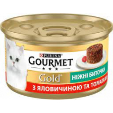 GOURMET Gold (Гурме Голд). З яловичиною та томатами. «Ніжні биточки». Консервований порційний повнораціонний корм для дорослих котів