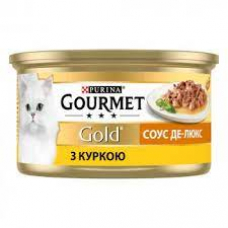 GOURMET GOLD (ГУРМЕ Голд) Соус Де-Люкс. Шматочки у соусі. З куркою. Консервований порційний повнораціонний корм для дорослих котів