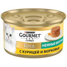 GOURMET Gold (Гурме Голд). З куркою та морквою. «Ніжні биточки». Консервований порційний повнораціонний корм для дорослих котів