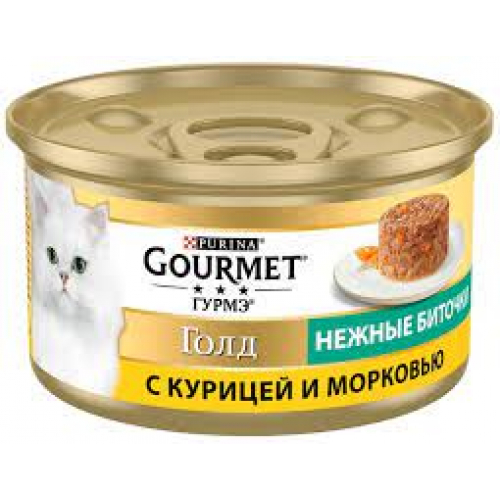 GOURMET® Gold (Гурме Голд). З куркою та морквою. «Ніжні биточки». Консервований порційний повнораціонний корм для дорослих котів 