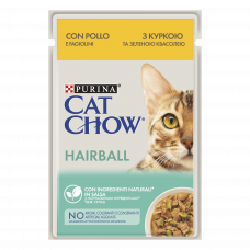 Вологий корм для дорослих котів Purina Cat Chow HAIRBALL (Пуріна Кет Чау). З куркою та зеленою квасолею.Ніжні шматочкив соусі 85 г