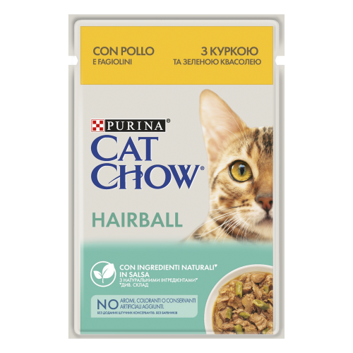 Вологий корм для дорослих котів Purina® Cat Chow® HAIRBALL (Пуріна Кет Чау). З куркою та зеленою квасолею. Ніжні шматочки в соусі 85 г