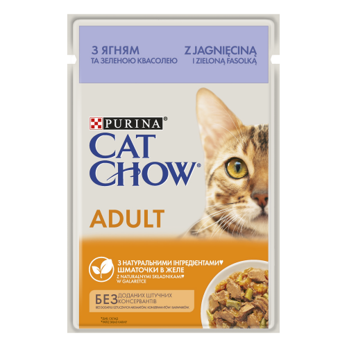 Вологий корм для дорослих котів Purina® Cat Chow® Adult ніжні шматочки в желе з ягням та зеленою квасолею 85 г