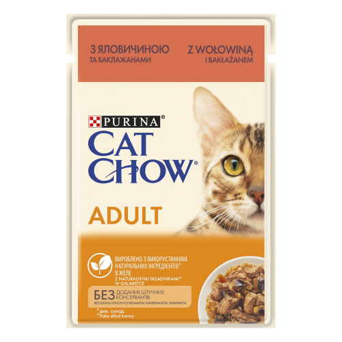 Вологий корм для дорослих котів Purina Cat Chow Adult ніжні шматочки в желе з яловичиною та баклажанами 85 г