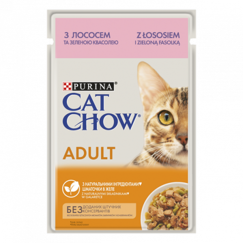 Вологий корм для дорослих котів Purina® Cat Chow® Adult ніжні шматочки в желе з лососем та зеленою квасолею 85 г