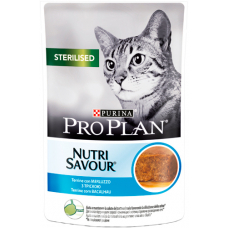 PURINA PRO PLAN STERILISED NUTRISAVOUR з ТРІСКОЮ. Консервований порційний повнораціонний корм для дорослих кастрованих котів/стерилізованих кішок. З тріскою. Шматочки в паштеті