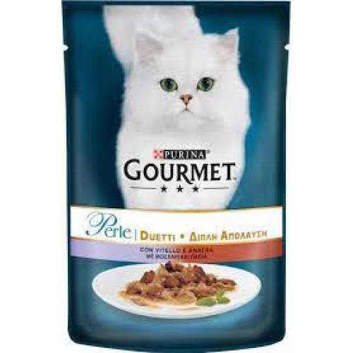 GOURMET PERLE DUO (ГУРМЕ ПЕРЛ ДУО). Консервований порційний повнораціонний корм для дорослих котів. Міні філе у підливці. З телятиною та качкою