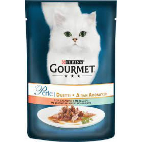 GOURMET PERLE DUO (ГУРМЕ ПЕРЛ ДУО). Консервований порційний повнораціонний корм для дорослих котів. Міні філе у підливці. З лососем та сайдою.