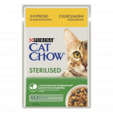 Вологий корм для дорослих котів Purina Cat Chow STERILISED ніжні шматочкив соусі з куркою та баклажанами. 85 г
